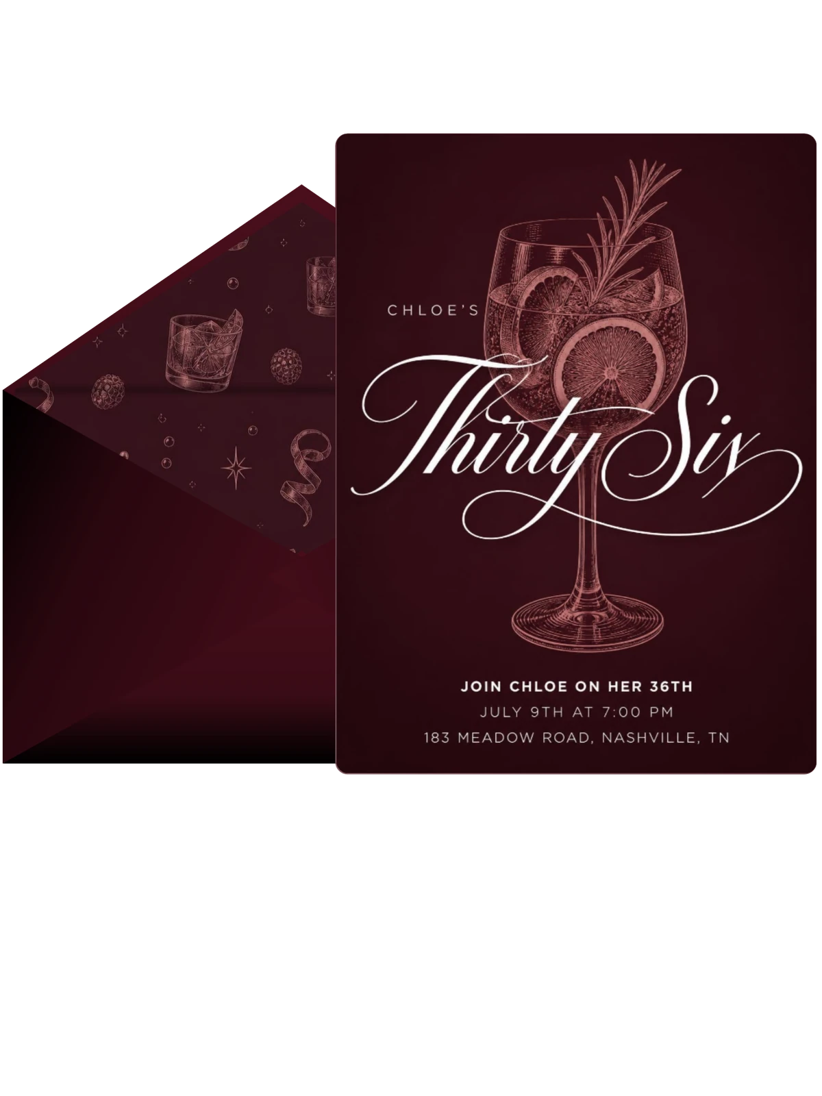 Burgundy Cocktail 36th Birthday Invitation
