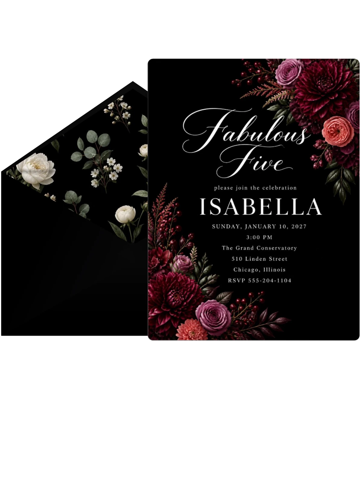 Black Floral 5th Birthday Invitation