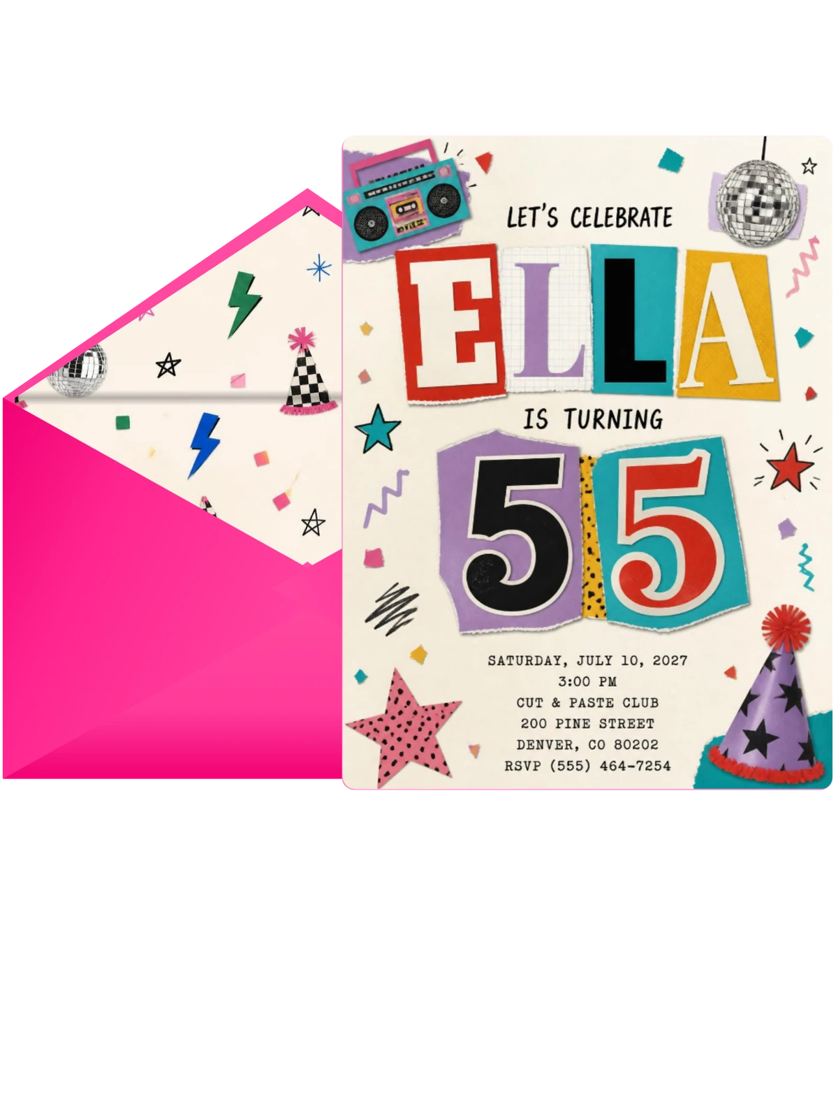 Retro Paper Collage 55th Birthday Invitation