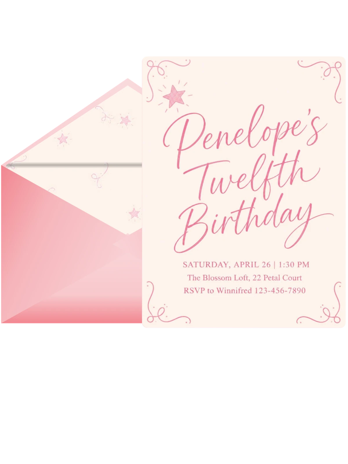 Pink Star Cream 12th Birthday Invitation