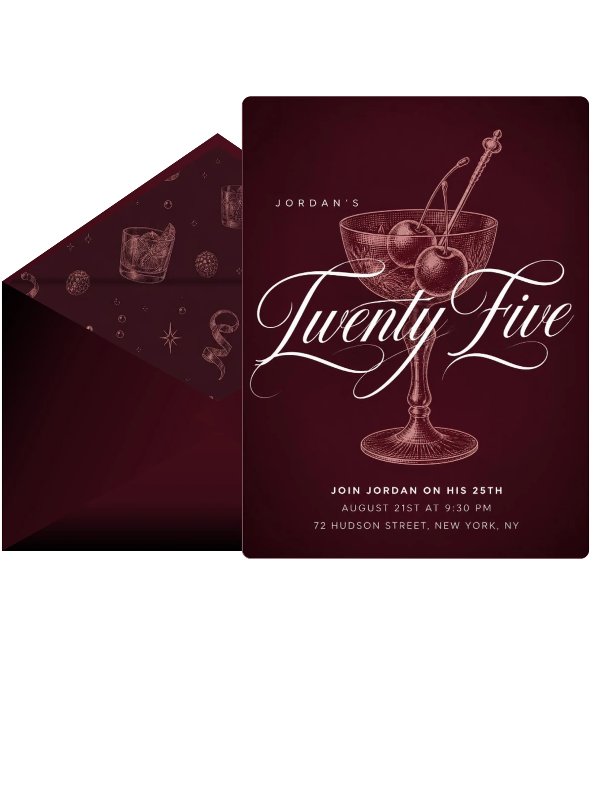 Burgundy Cocktail 25th Birthday Invitation