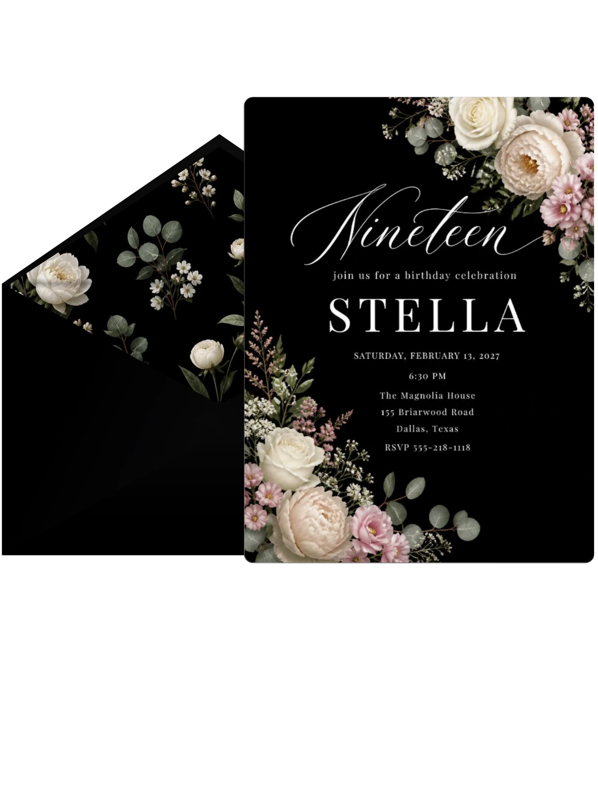 Black Floral 19th Birthday Invitation