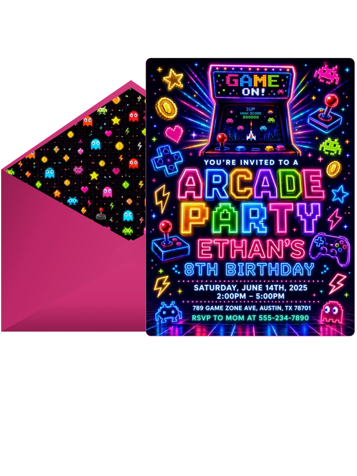Neon Retro Arcade 8th Birthday