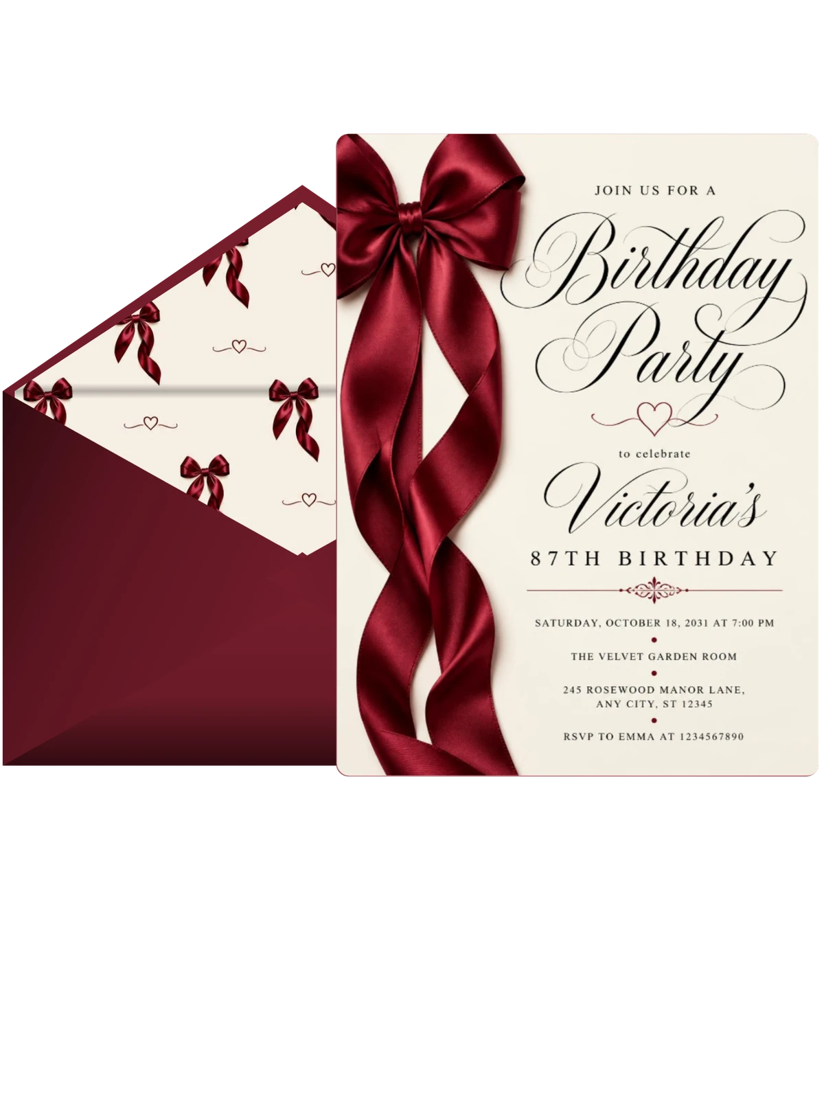 Burgundy Satin Bow 87th Birthday Invitation