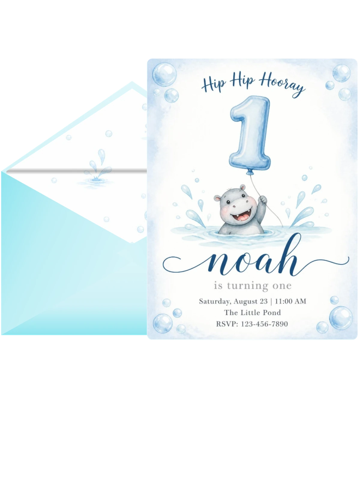 Blue Watercolor Hippo 1st Birthday