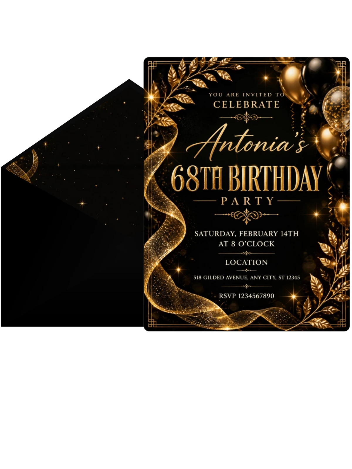 Black and Gold 68th Birthday Invitation