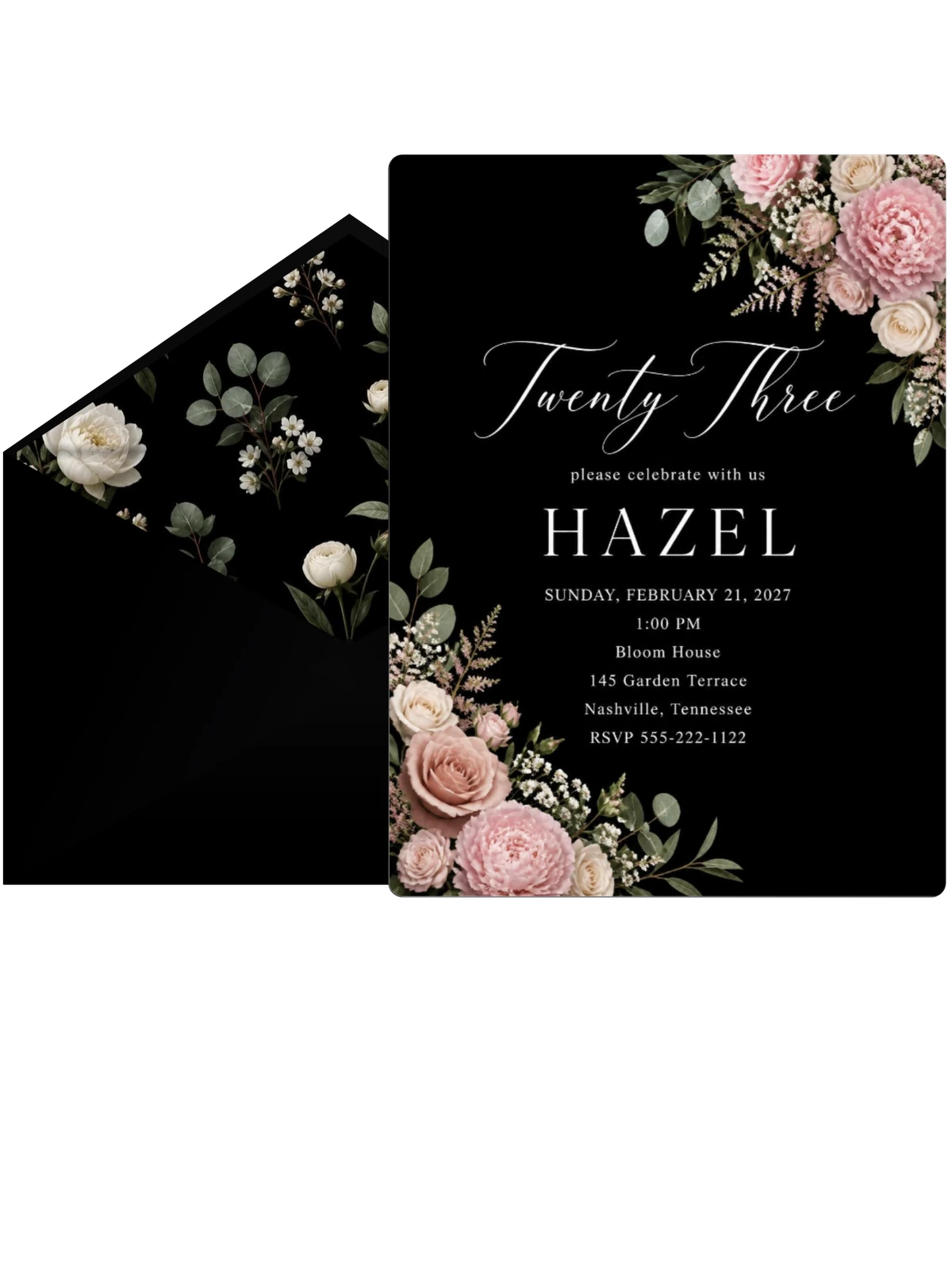 Black Floral 23rd Birthday Invitation