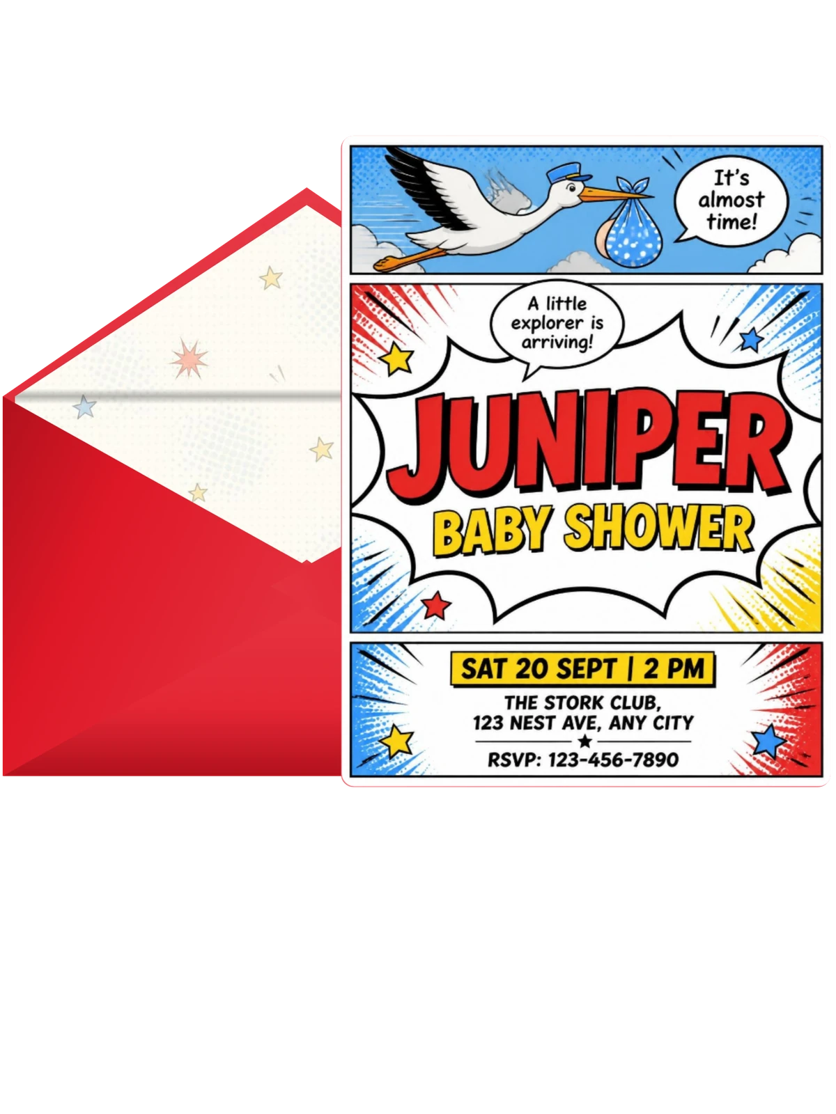 Red Yellow Pop Art Stork Baby Shower