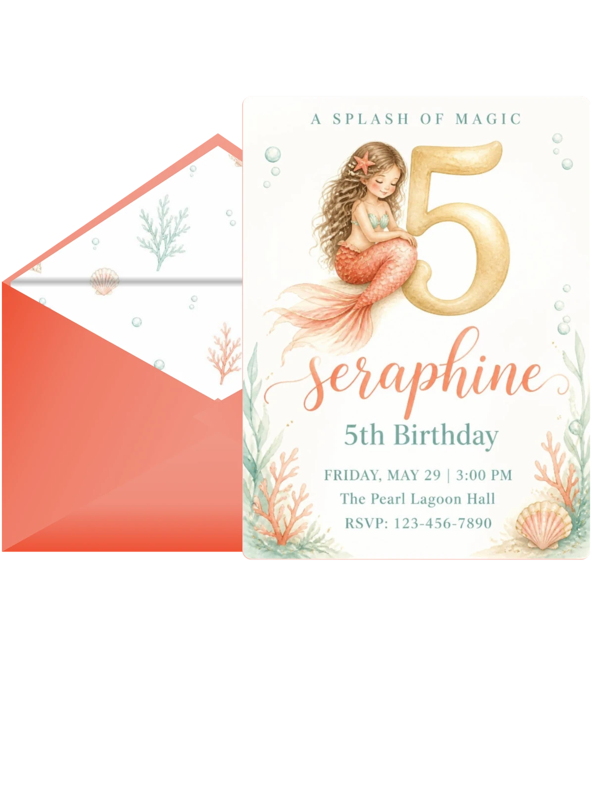 Watercolor Mermaid Coral 5th Birthday