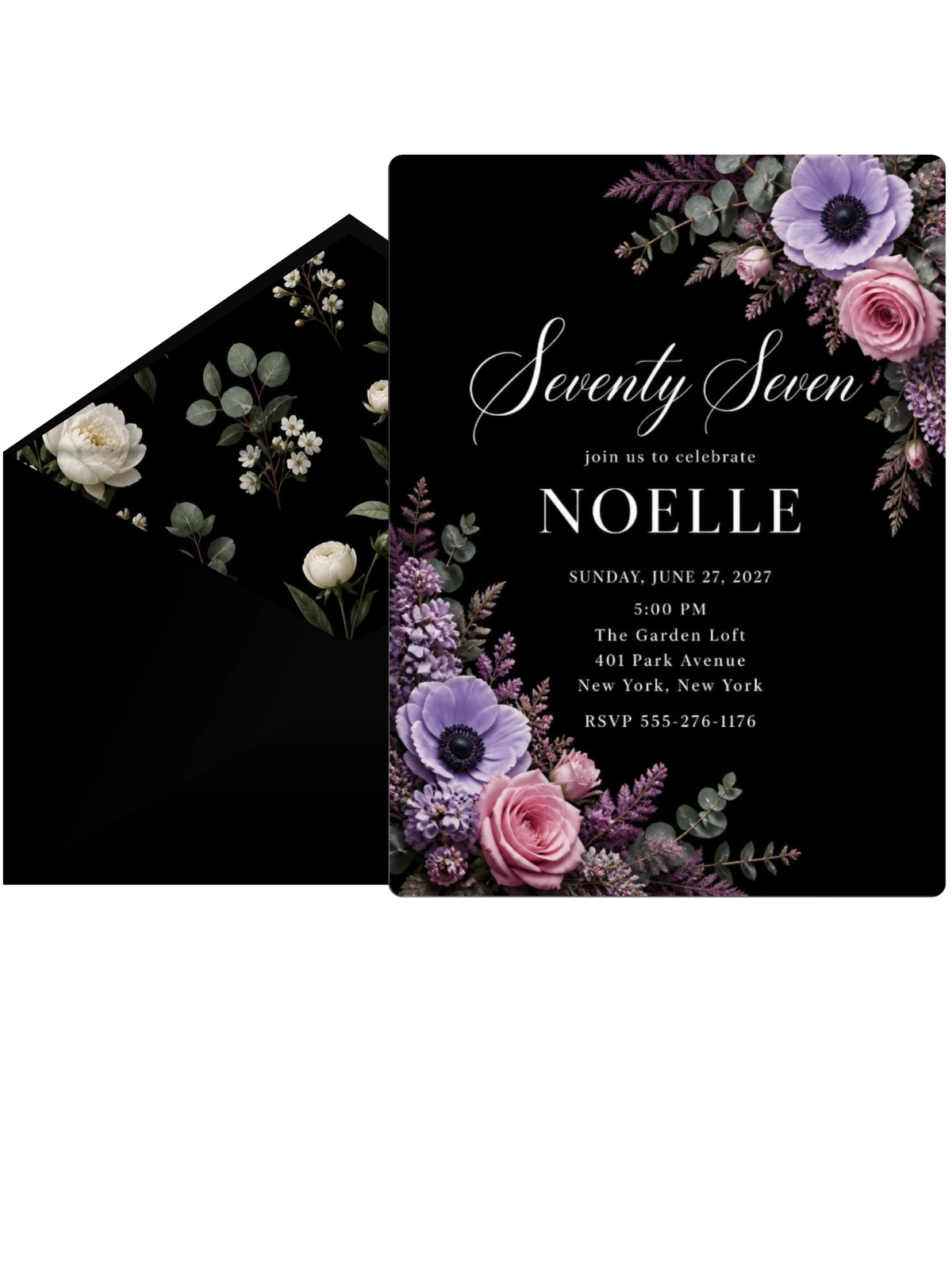 Black Floral 77th Birthday Invitation