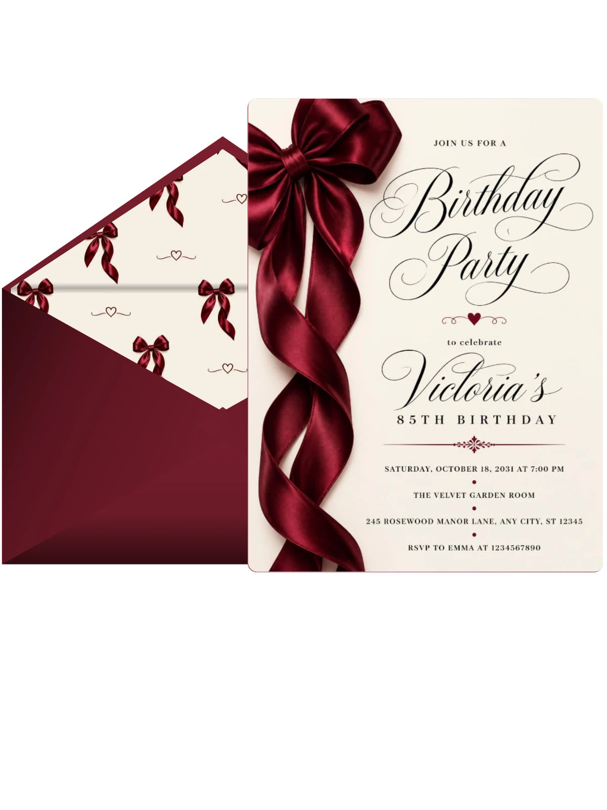 Burgundy Satin Bow 85th Birthday Invitation