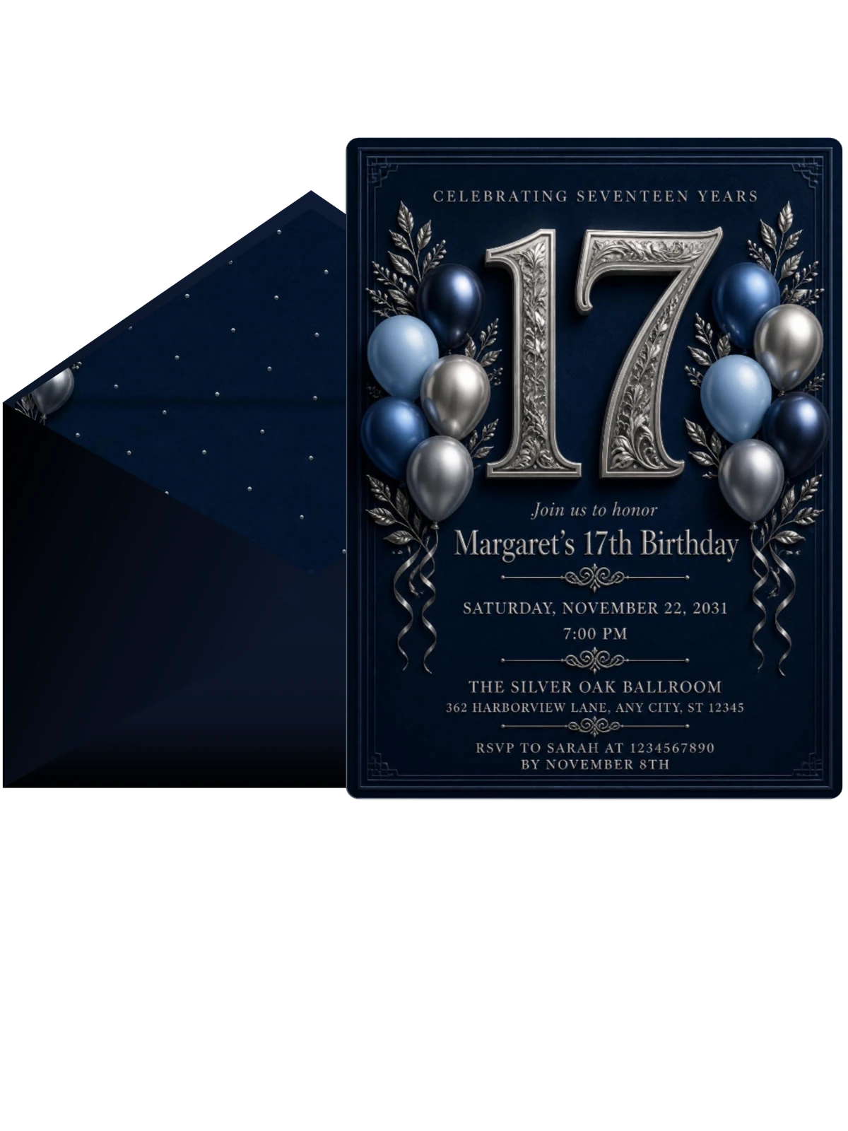 Navy and Silver 17th Birthday Invitation
