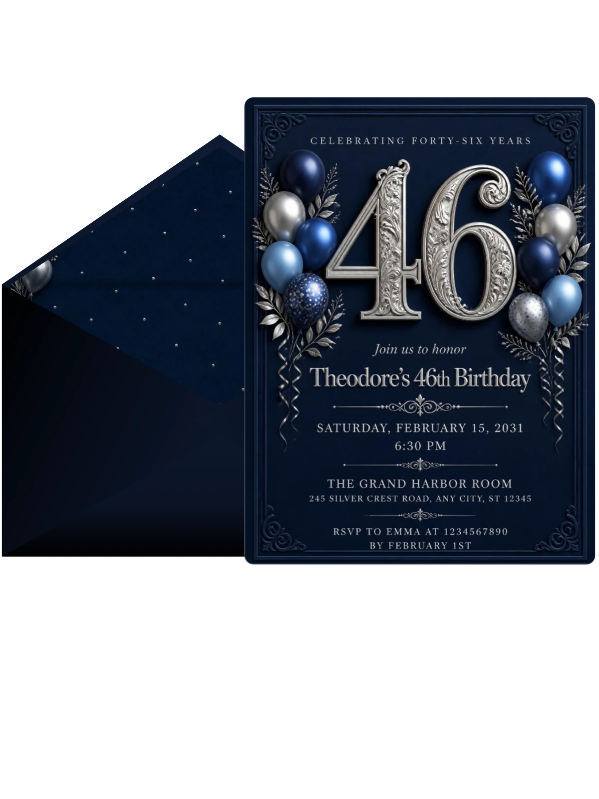 Navy and Silver 46th Birthday Invitation
