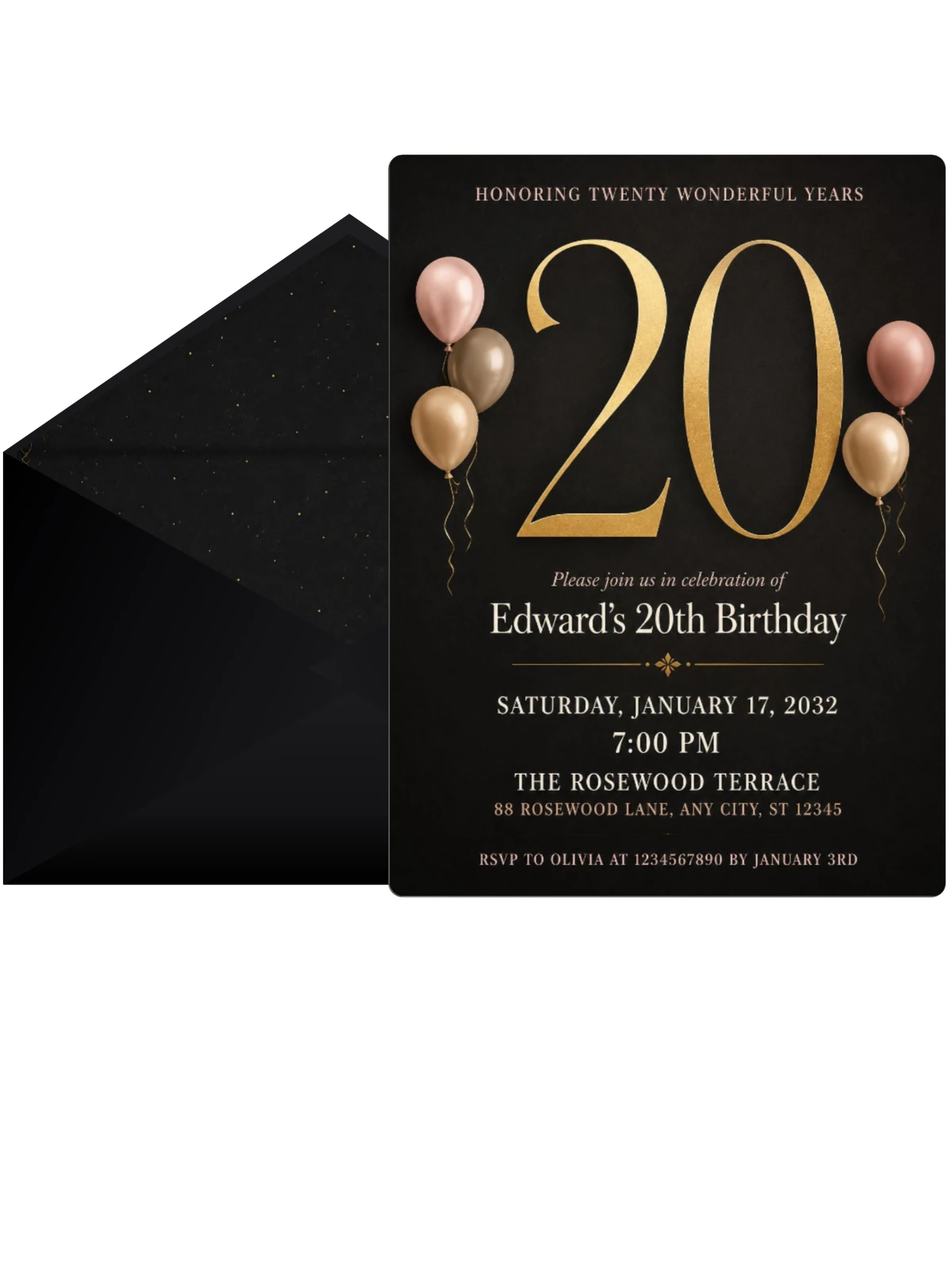 Charcoal and Blush 20th Birthday Invitation