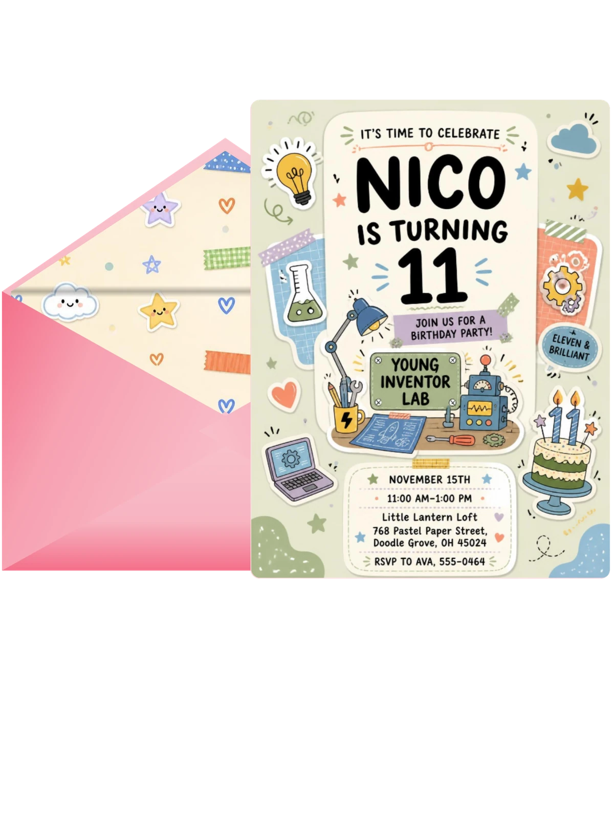 Lightbulb Pastel 11th Birthday Invitation