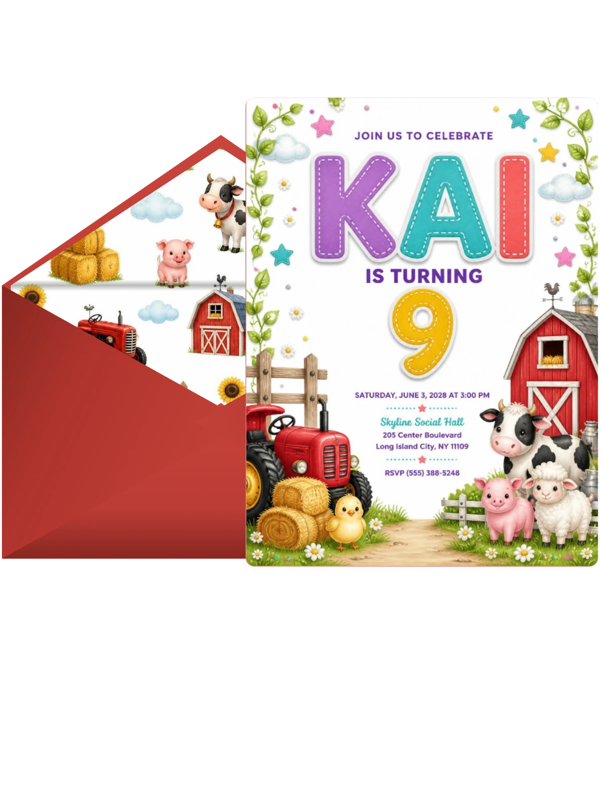 Stitched Farm 9th Birthday Invitation