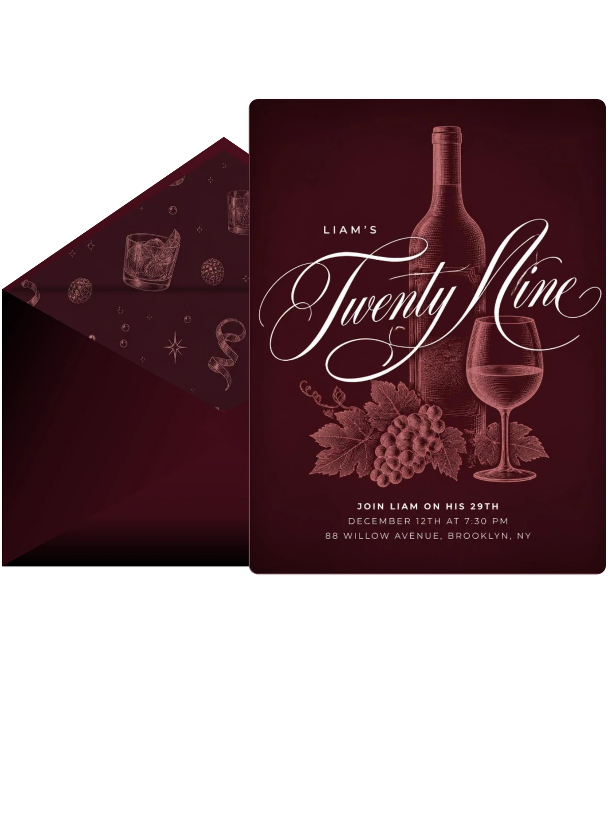 Burgundy Cocktail 29th Birthday Invitation