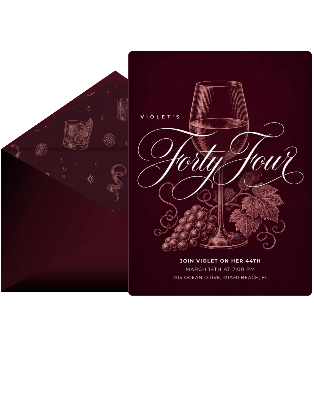 Burgundy Cocktail 44th Birthday Invitation