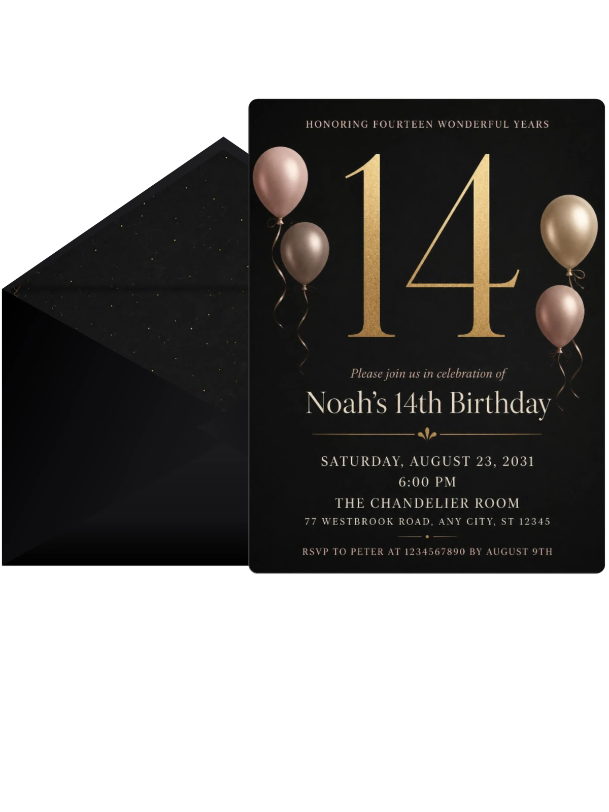 Charcoal and Blush 14th Birthday Invitation