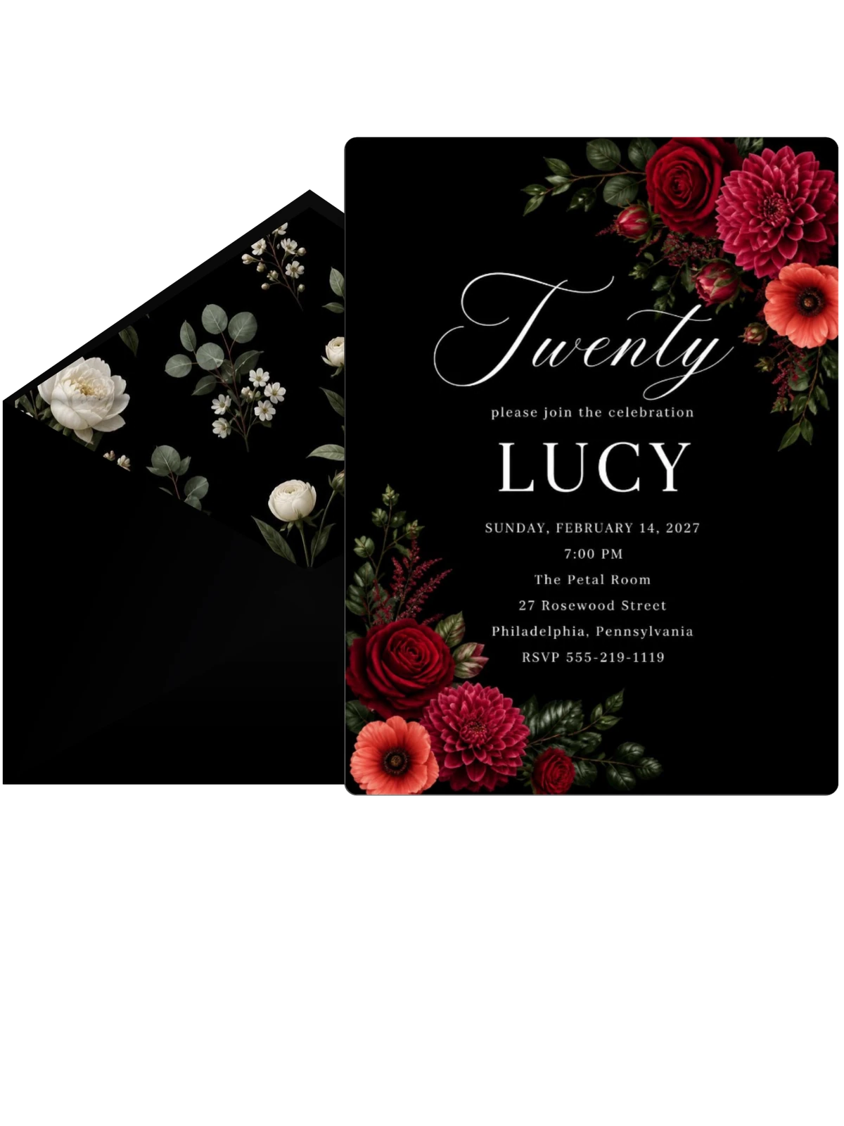 Black Floral 20th Birthday Invitation