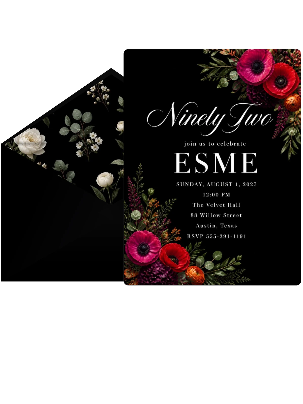 Black Floral 92nd Birthday Invitation
