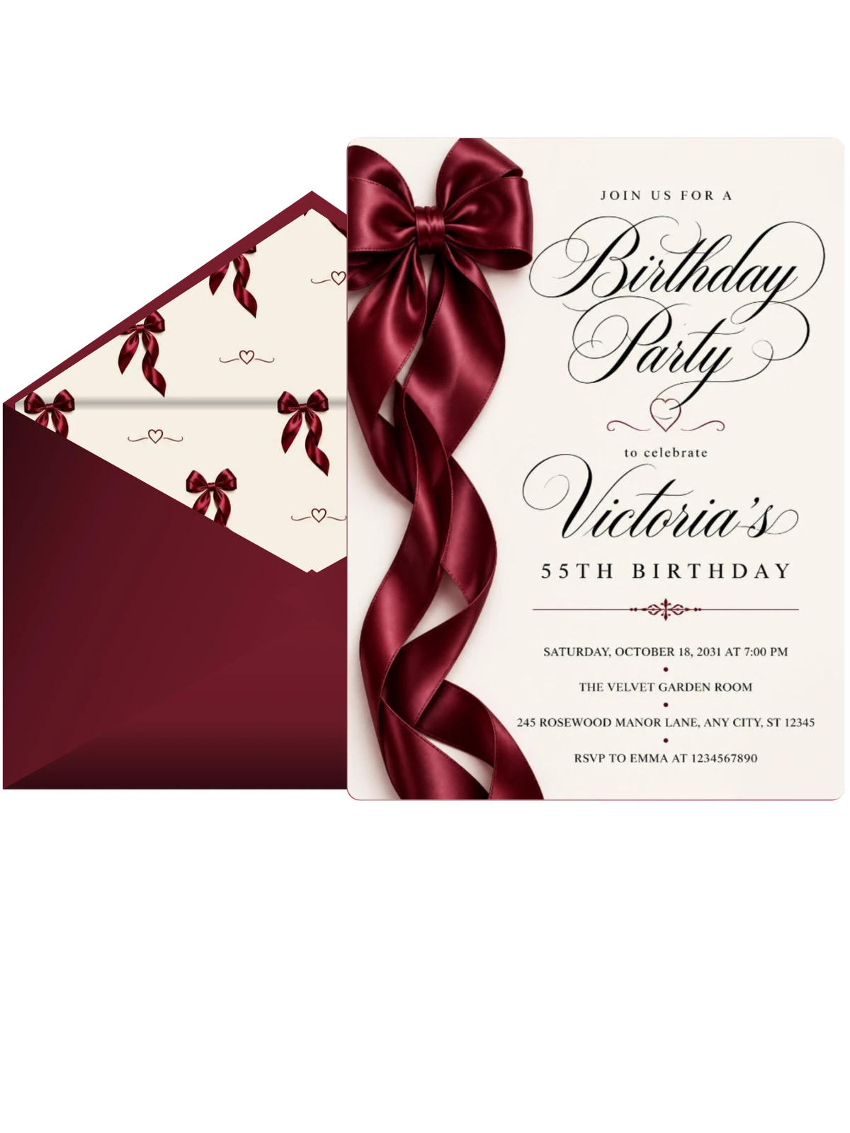 Burgundy Satin Bow 55th Birthday Invitation
