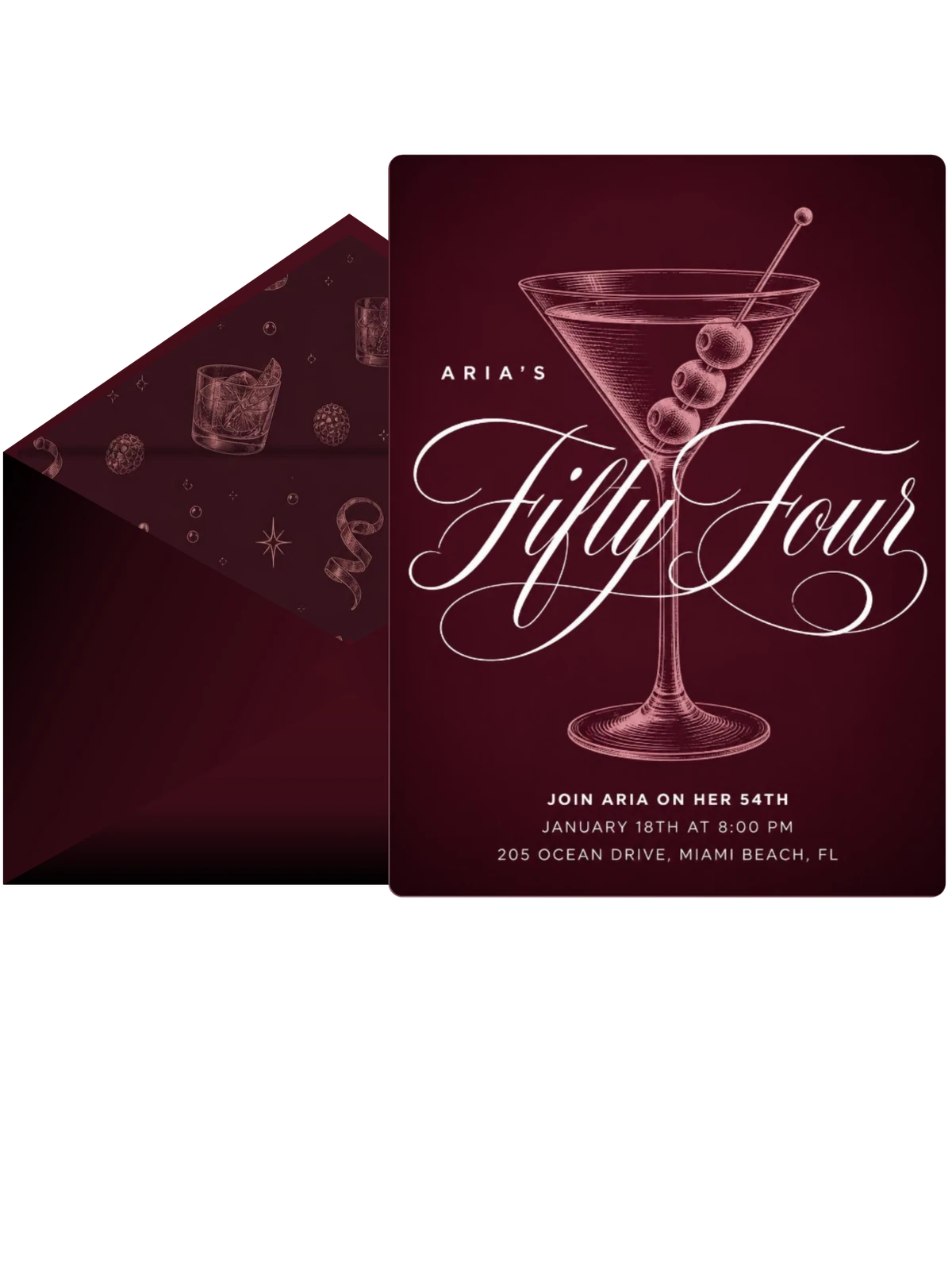 Burgundy Cocktail 54th Birthday Invitation
