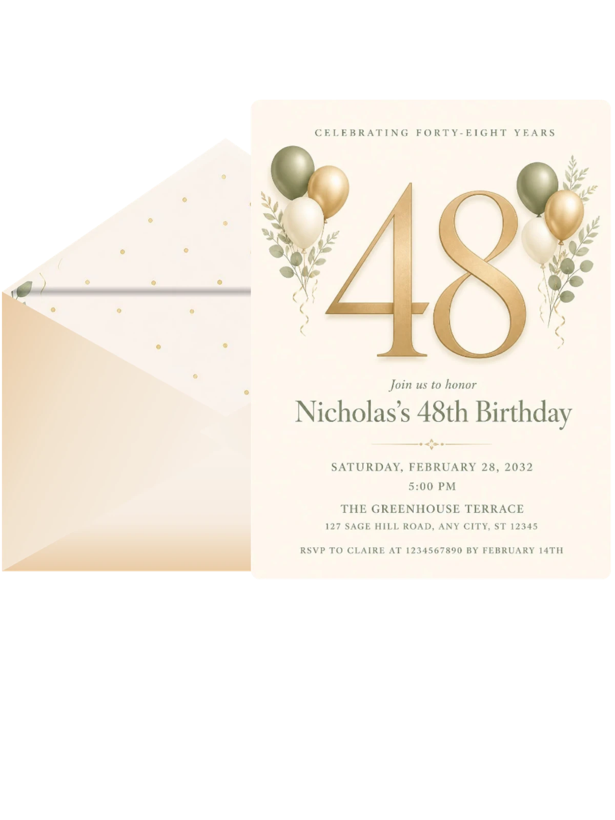 Sage and Ivory 48th Birthday Invitation