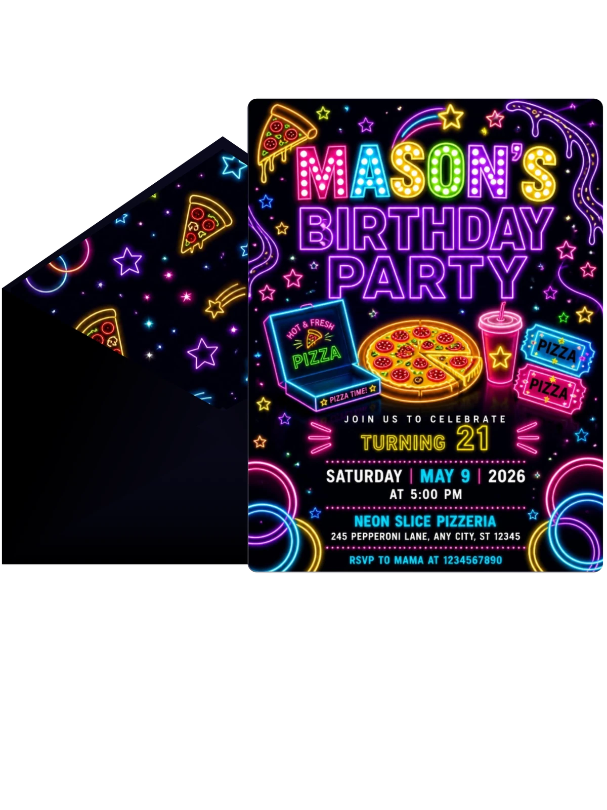 Neon Pizza 21st Birthday Invitation