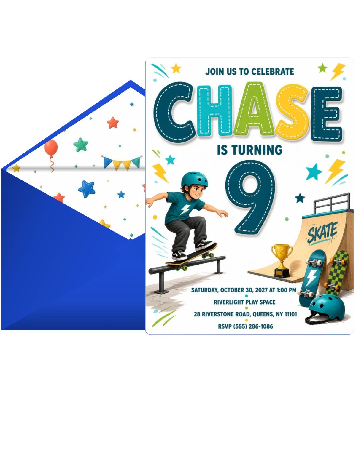 Skate Ramp Stitched 9th Birthday Invitation