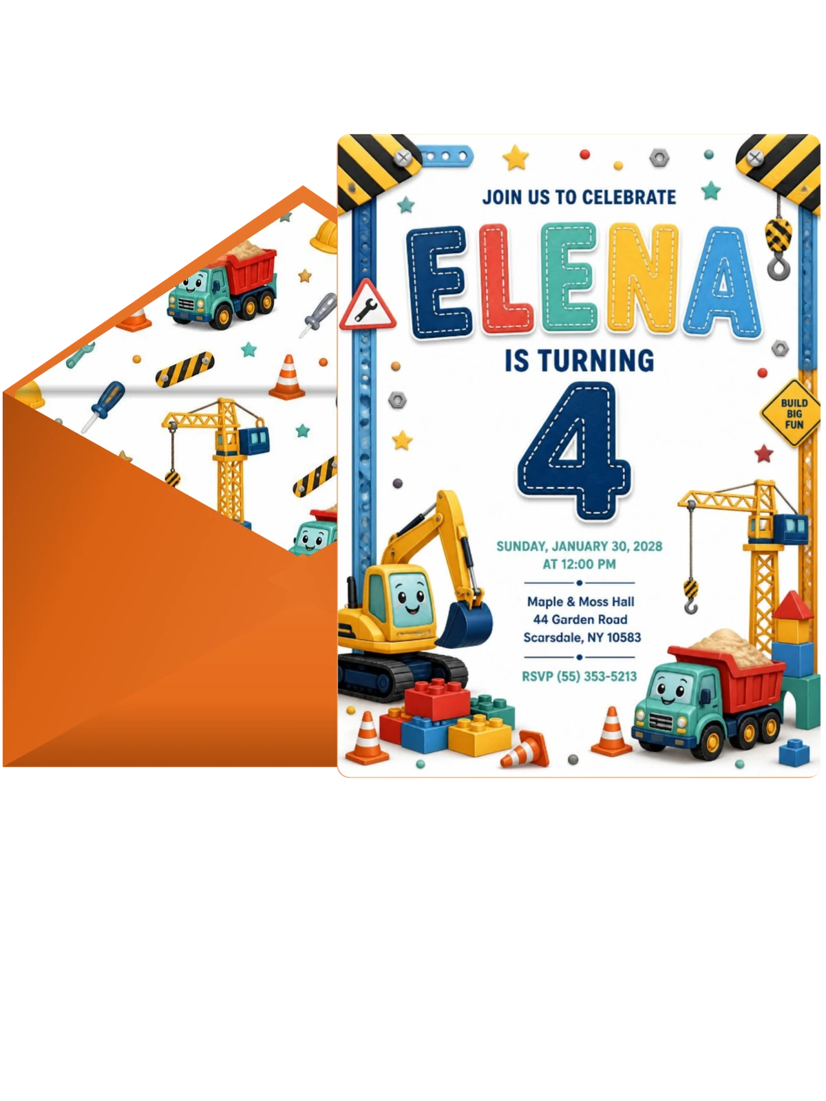 Stitched Construction 4th Birthday Invitation