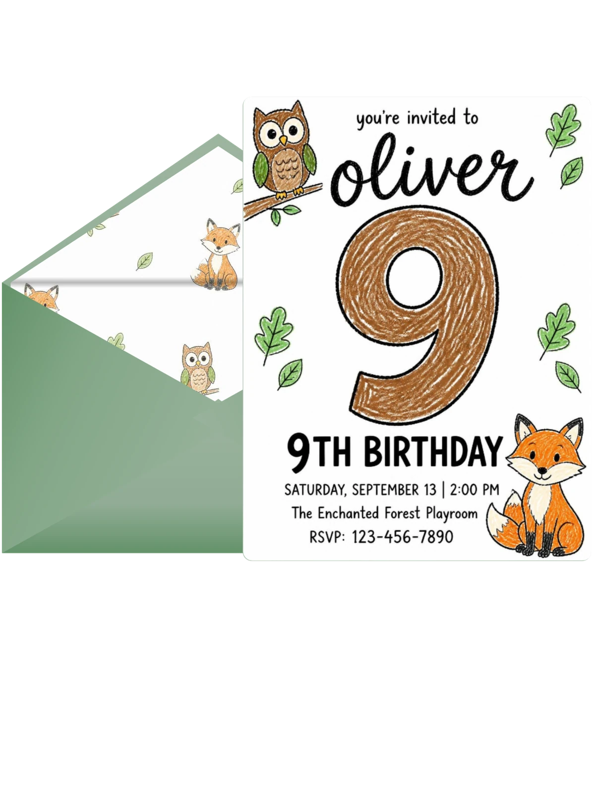 Crayon Woodland Animal 9th Birthday Invitation