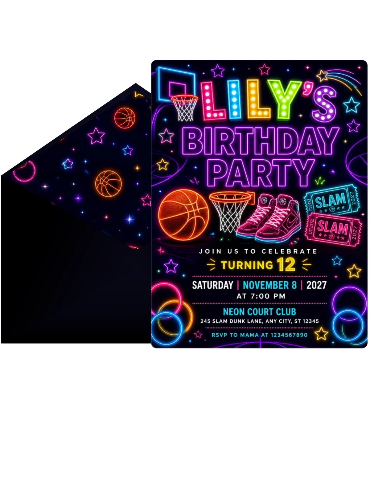 Neon Basketball 12th Birthday Invitation