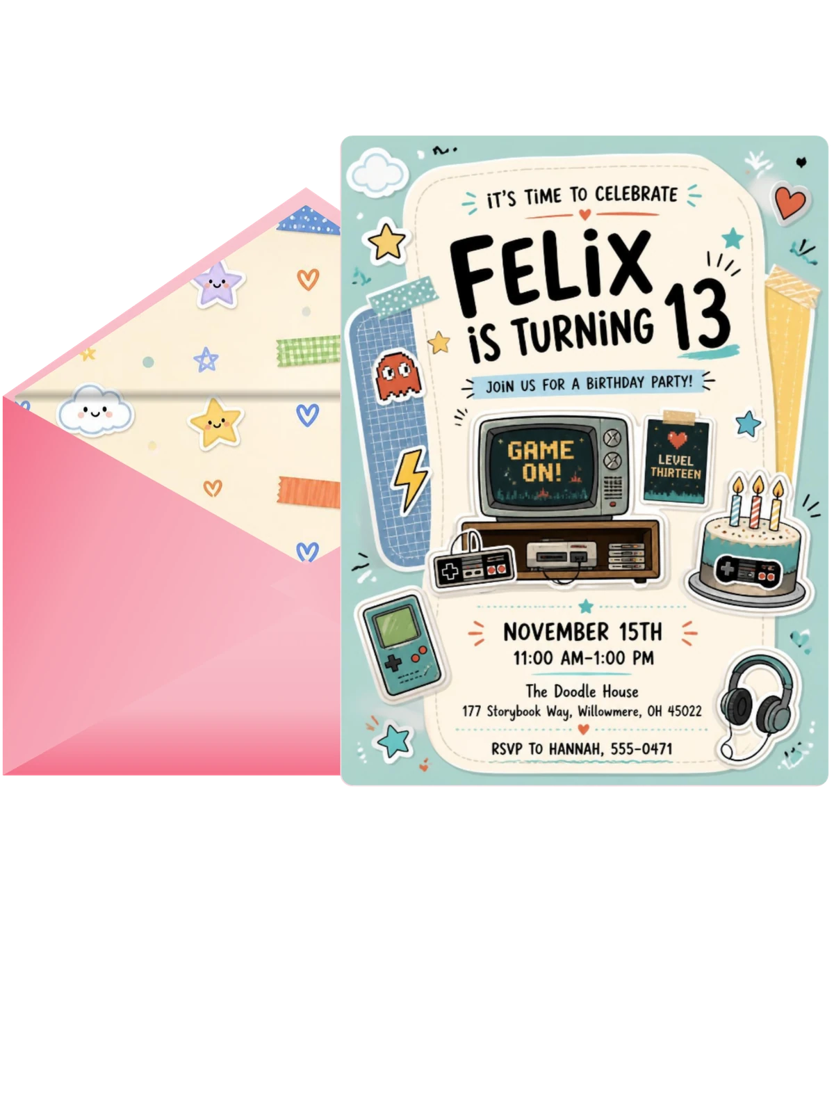Pastel Retro Gaming 13th Birthday Invitation