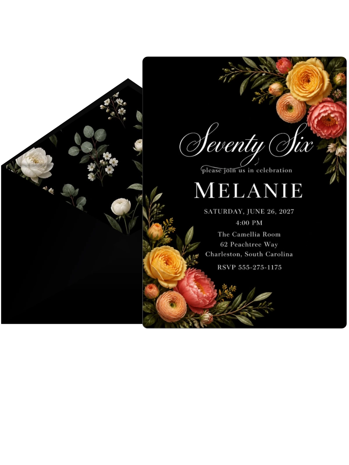 Black Floral 76th Birthday Invitation