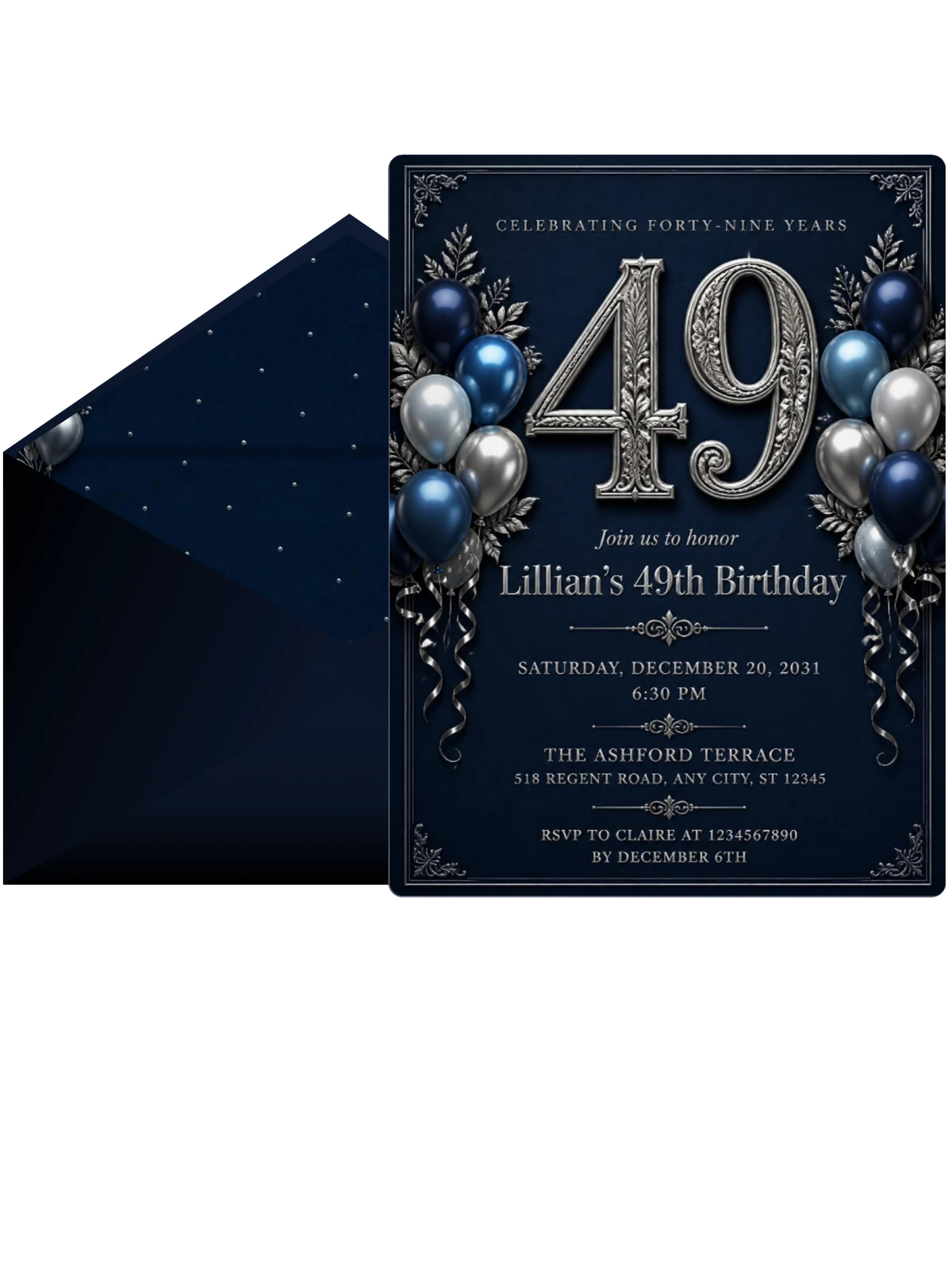 Navy and Silver 49th Birthday Invitation
