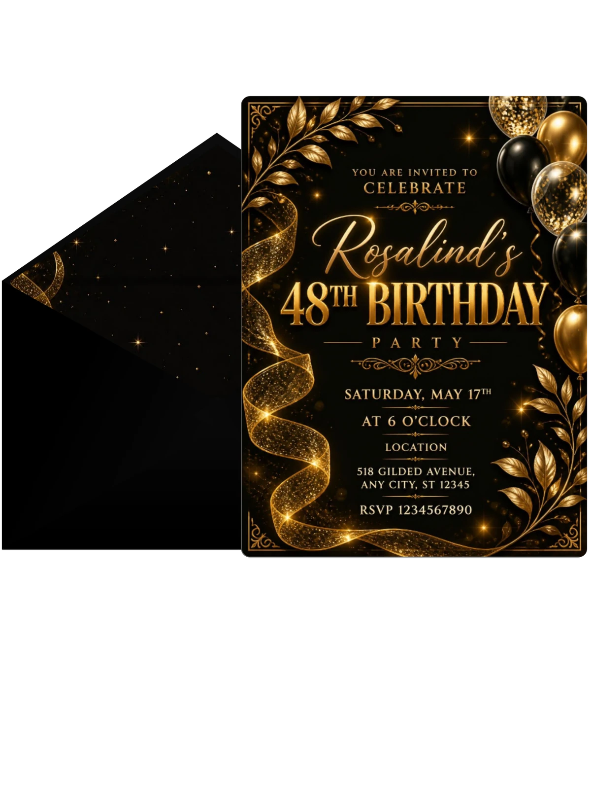 Black and Gold 48th Birthday Invitation