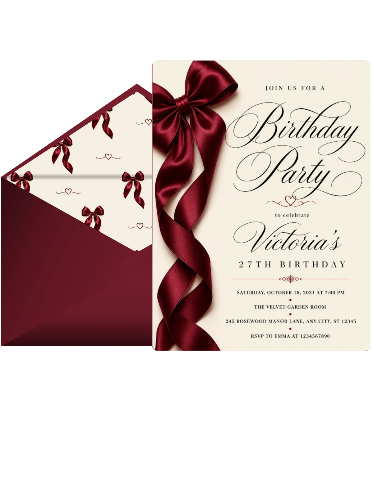 Burgundy Satin Bow 27th Birthday Invitation
