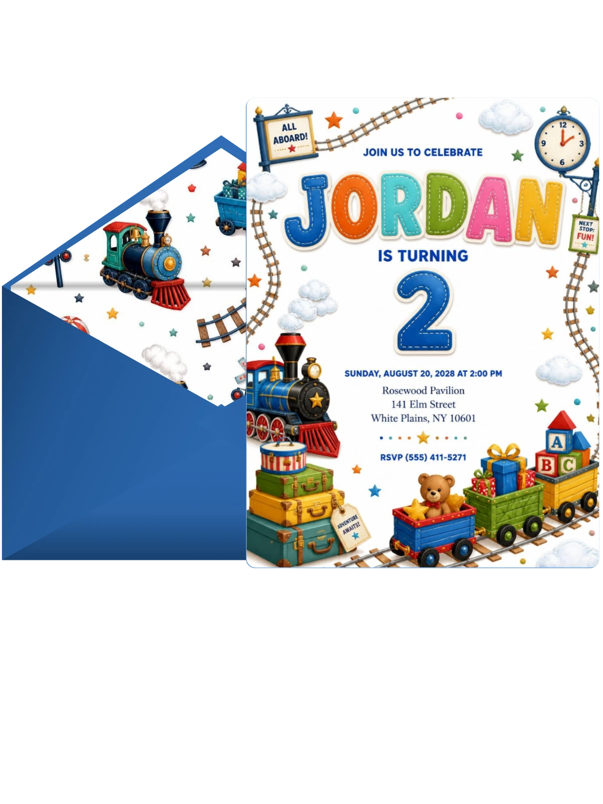Stitched Train 2nd Birthday Invitation
