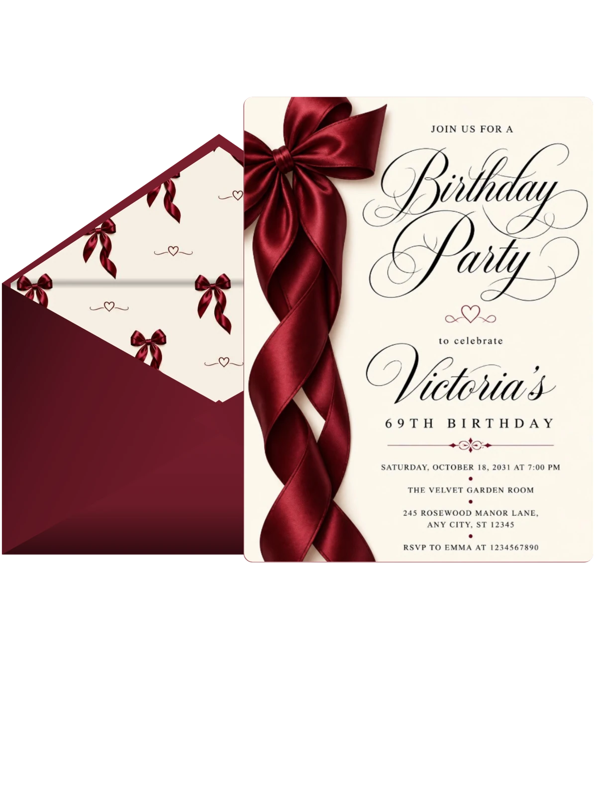 Burgundy Satin Bow 69th Birthday Invitation