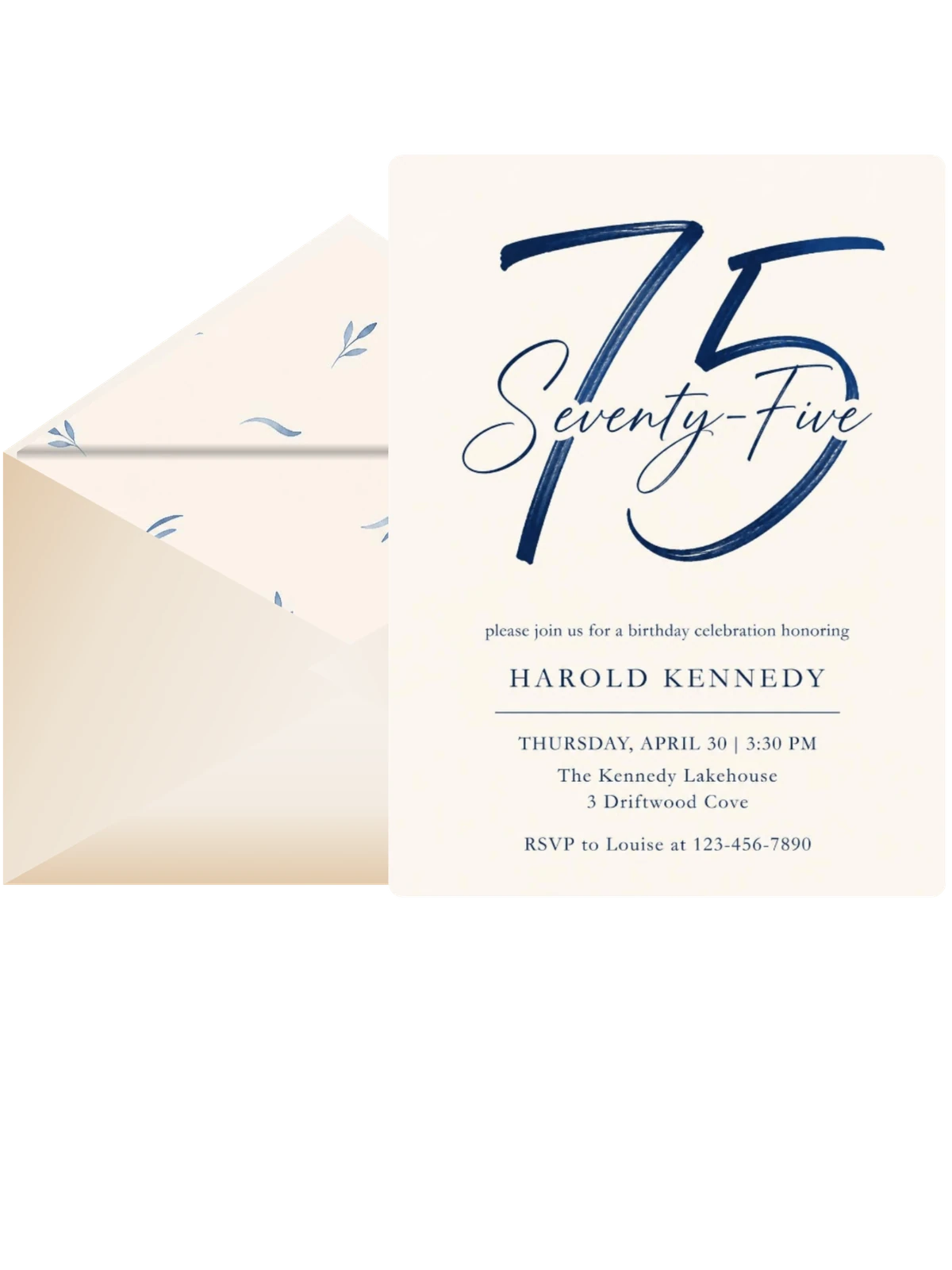 Indigo Brush-Lettered 75th Birthday Invitation