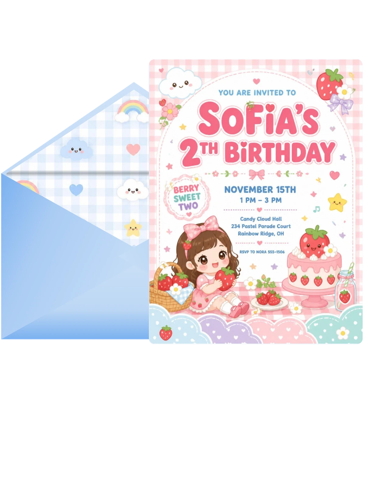 Strawberry Cake Kawaii 2nd Birthday Invitation
