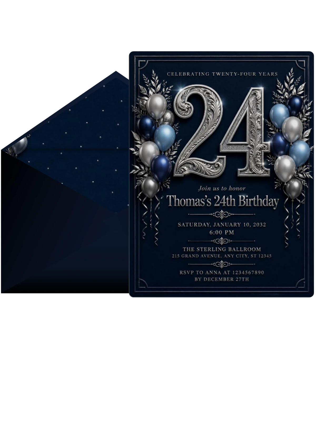 Navy and Silver 24th Birthday Invitation