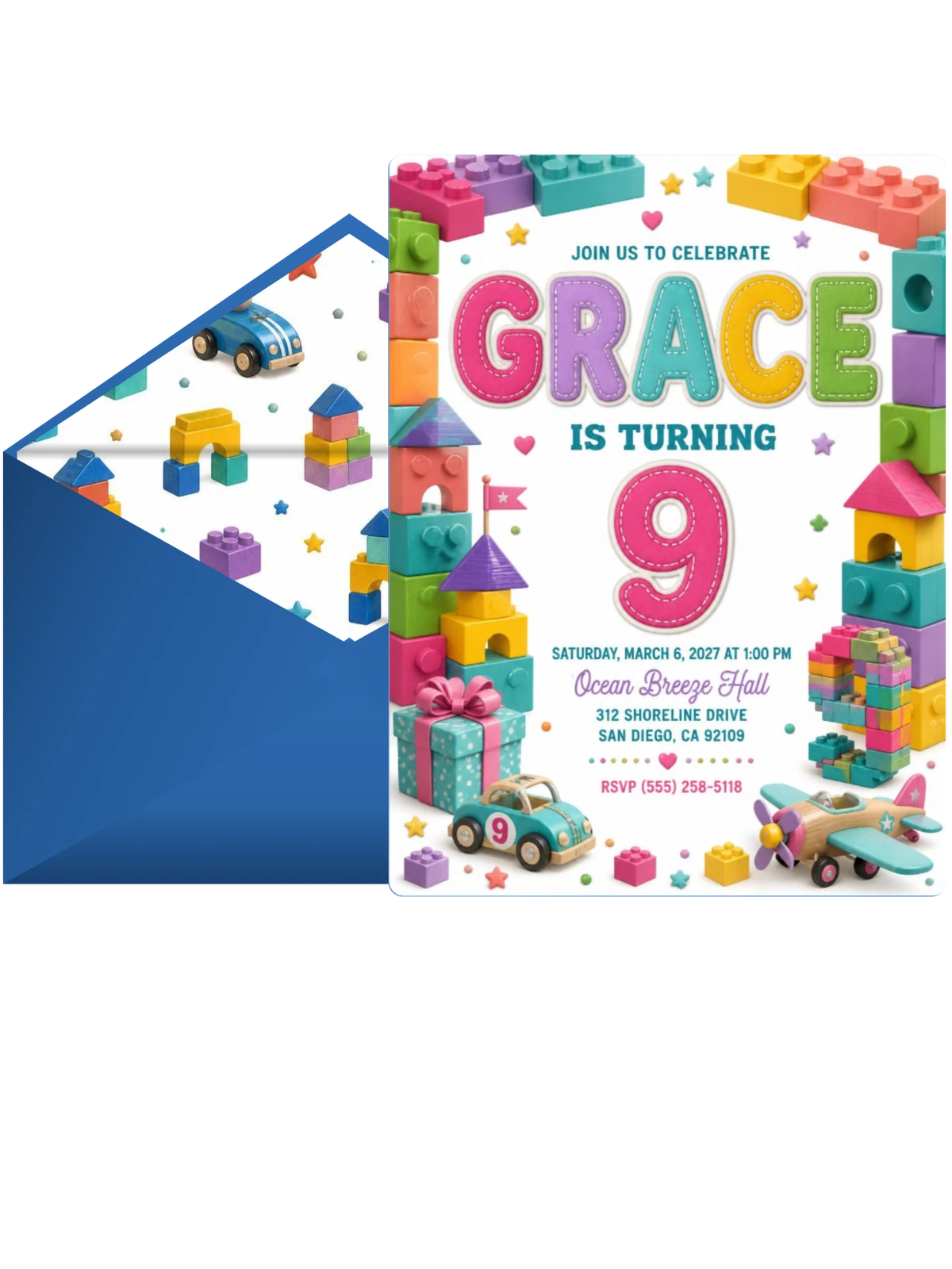 Stitched Toy Blocks 9th Birthday Invitation