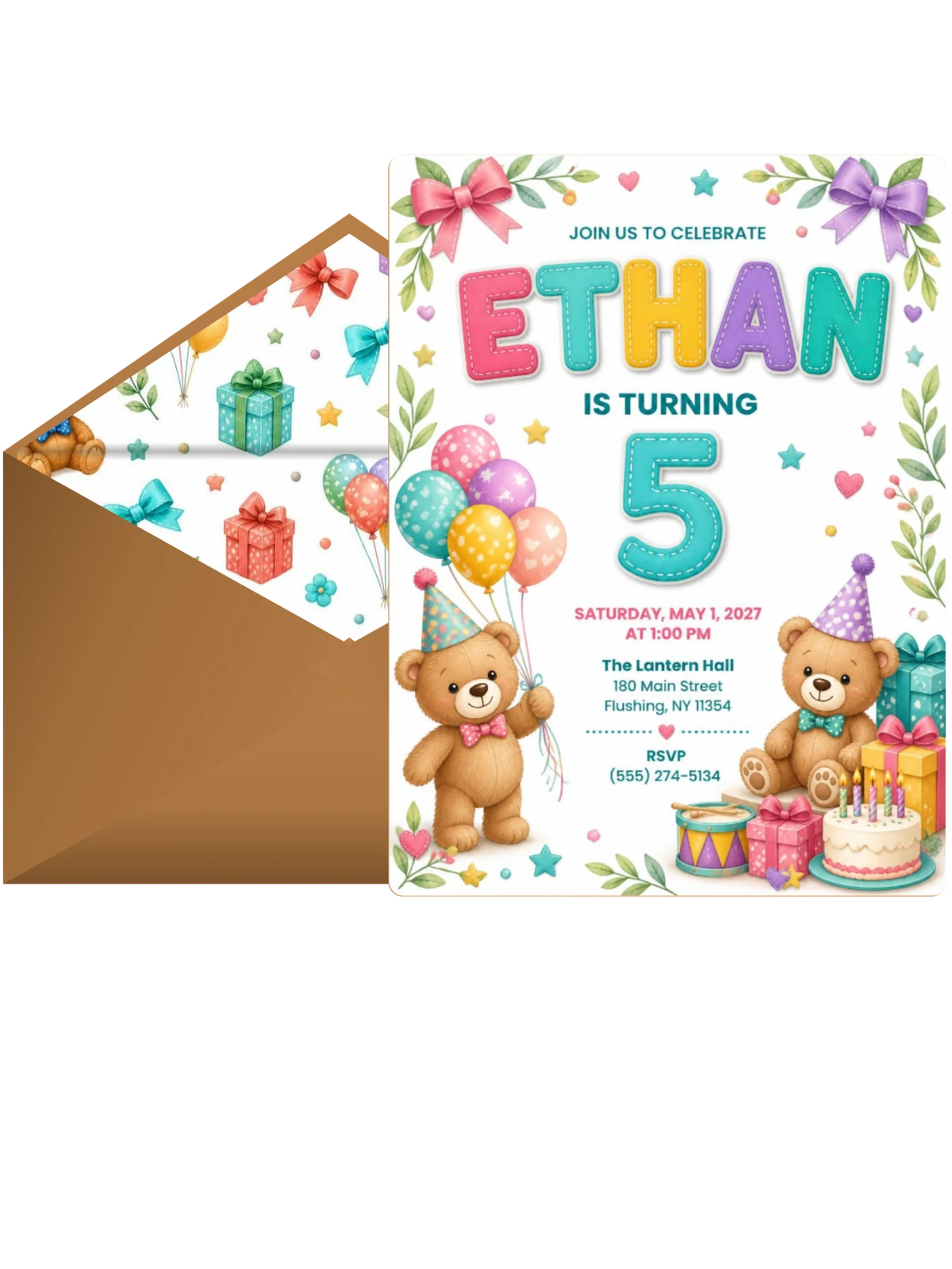Stitched Teddy Bear 5th Birthday Invitation