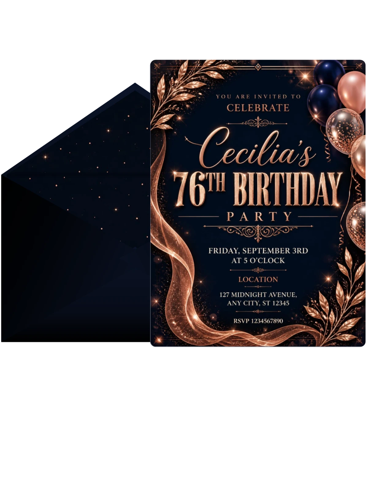 Navy and Rose Gold 76th Birthday Invitation