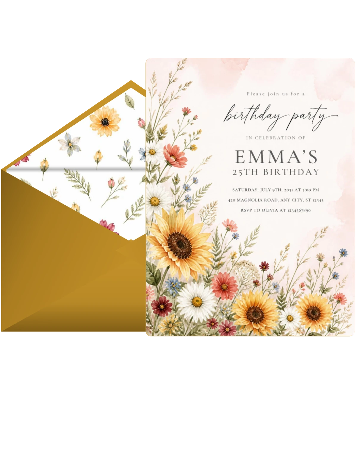Summer Garden Golden 25th Birthday Invitation