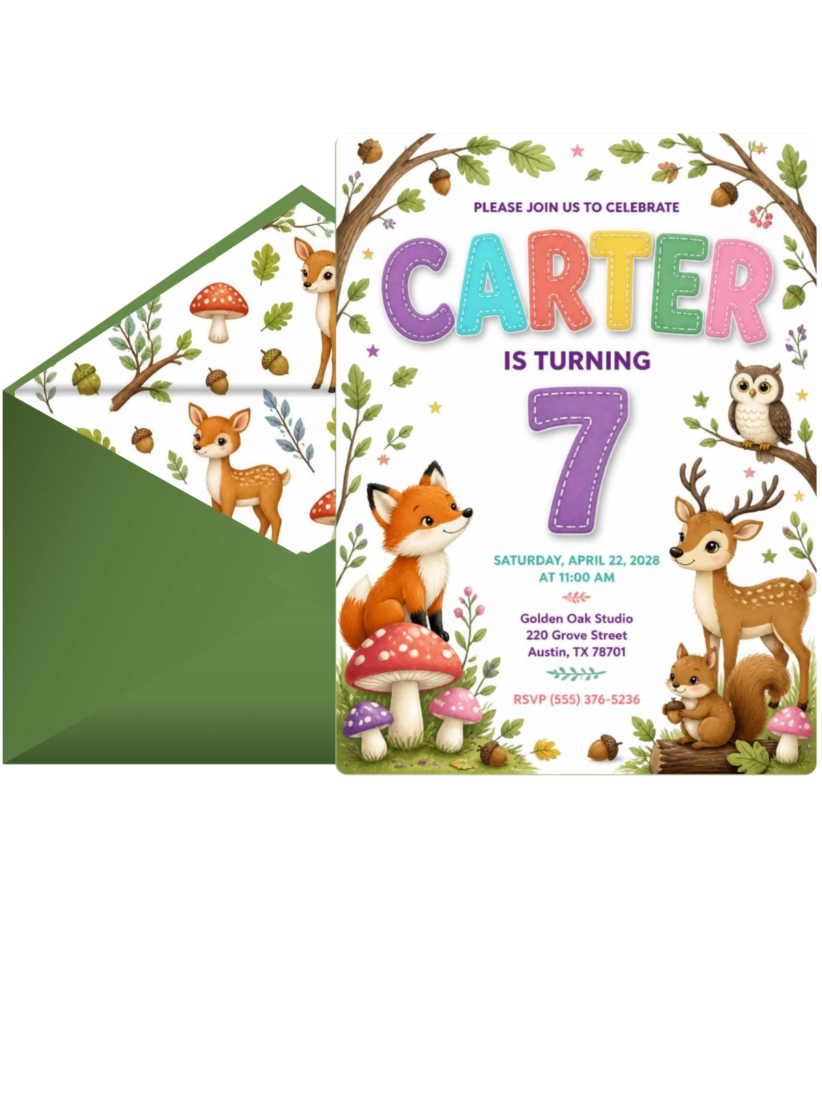 Stitched Woodland 7th Birthday Invitation