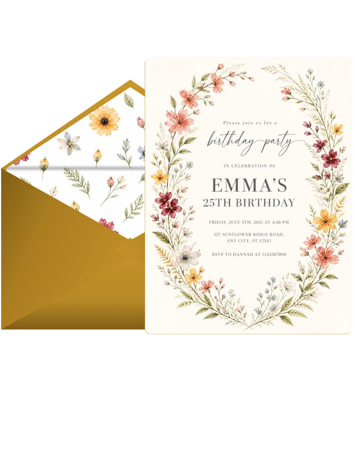 Oval Wreath Golden 25th Birthday Invitation
