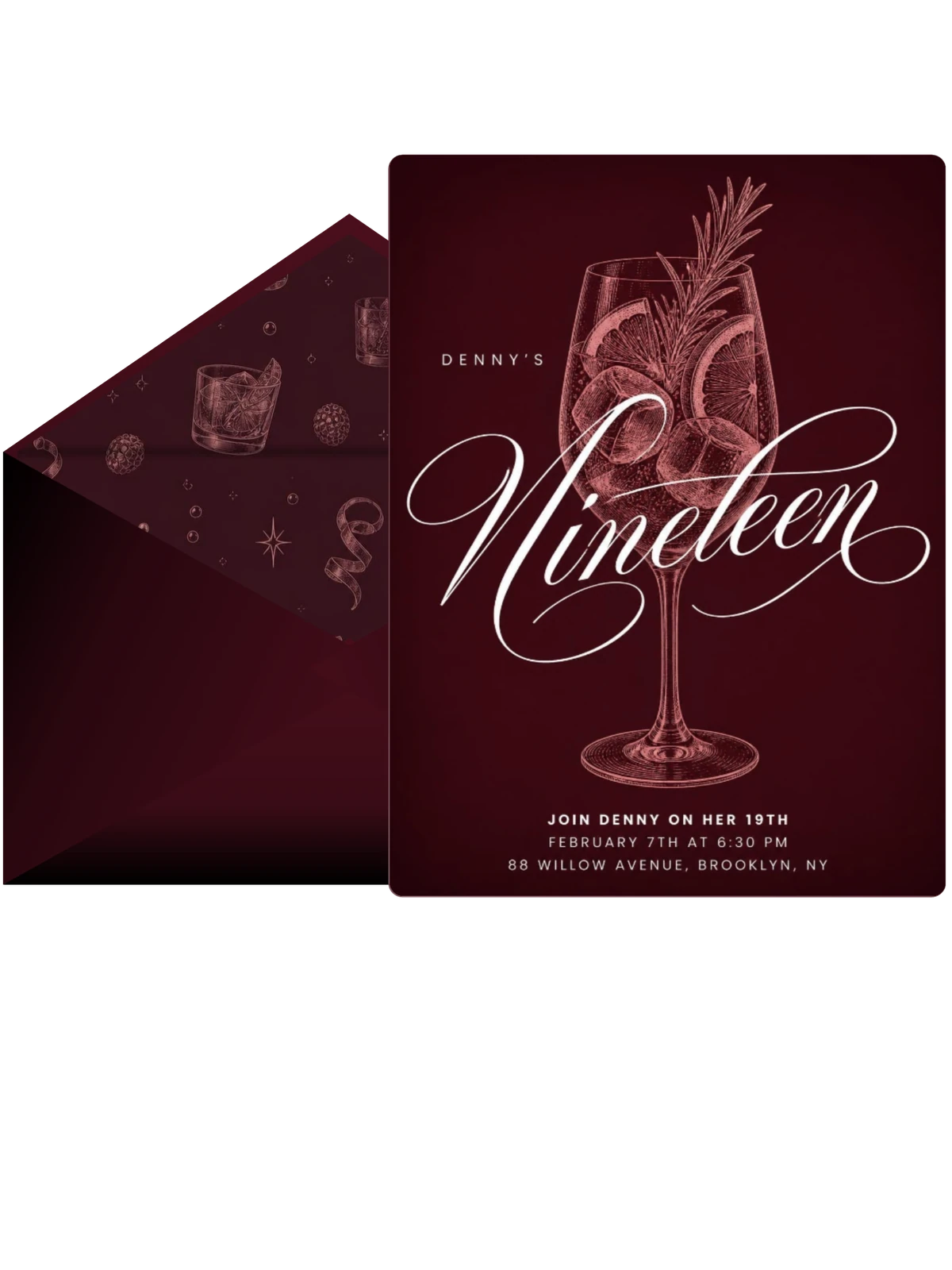 Burgundy Cocktail 19th Birthday Invitation